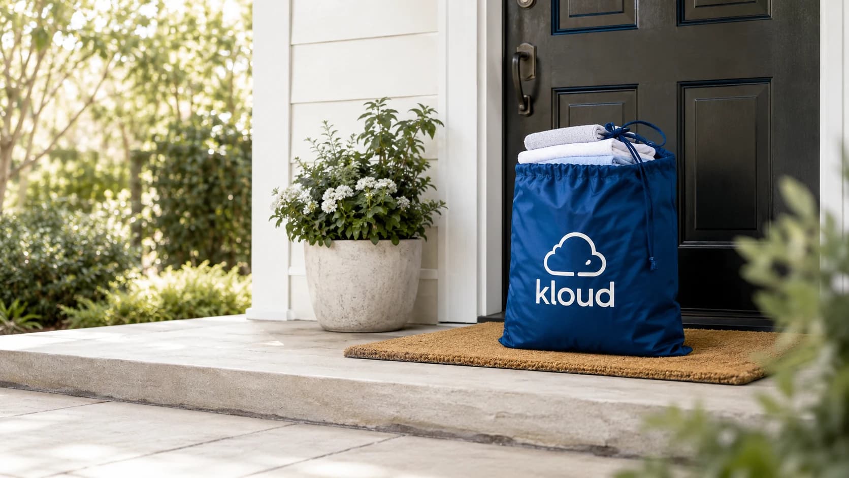A laundry bag at the front door ready for contactless pickup.